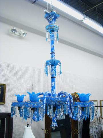 Appraisal: Antique Blue Opaque Art Glass Chandelier with Enamel floral decoration