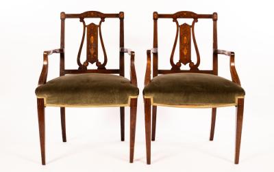 Appraisal: A pair of Edwardian inlaid walnut open armchairs of Sheraton