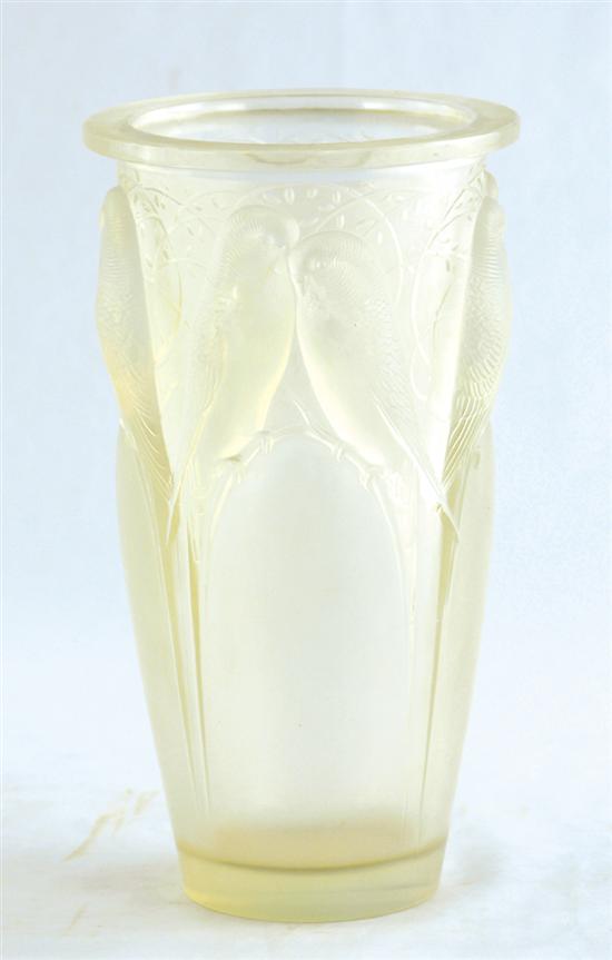 Appraisal: Lalique Ceylan huit perruches glass vase circa opalescent relief molded