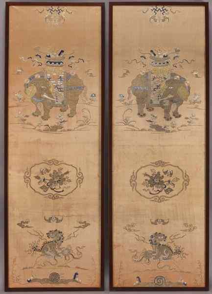 Appraisal: Pr Chinese Qing Qianlong embroidered panelsdepicting elephants carrying vases on