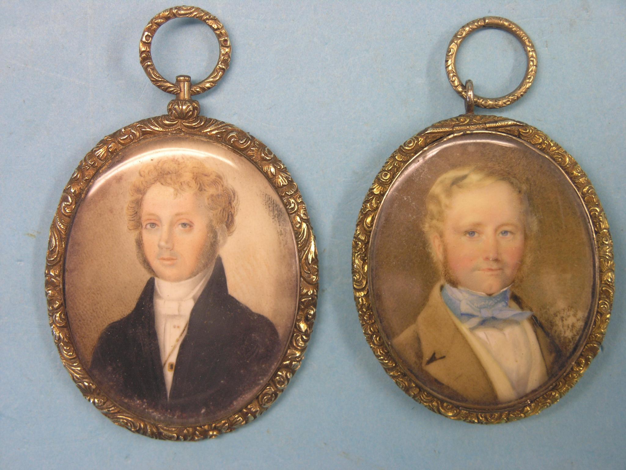 Appraisal: Two early Victorian portrait miniatures male sitters on ivory cast