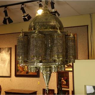 Appraisal: Large Mid th Century Moroccan Brass Chandelier with Filigree Islamic