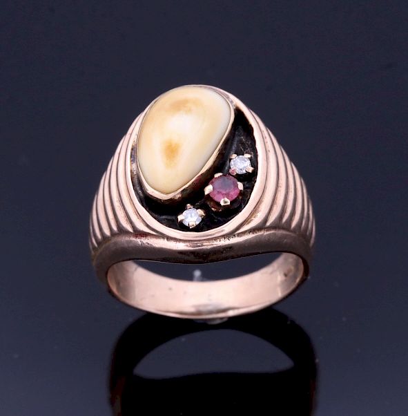 Appraisal: Montana Elk Ivory Garnet Diamond K Gold Ring The lot