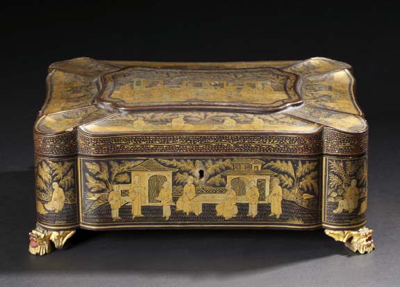 Appraisal: Good Chinese Export Deux-Couleur-Gilded Black-Lacquer Workbox in Mandarin's Garden decor