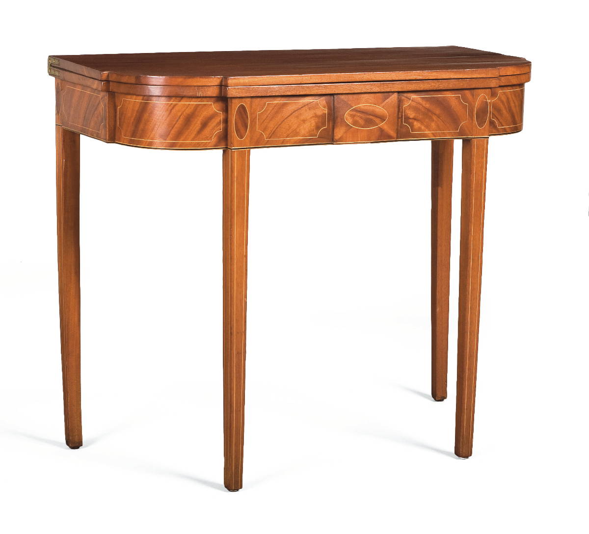 Appraisal: MASSACHUSETTS HEPPLEWHITE INLAID MAHOGANY CARD TABLE The D-shaped top with