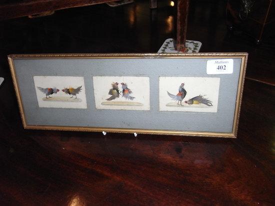 Appraisal: A TRIPTYCH OF A COCK FIGHT being fighting cocks depicted