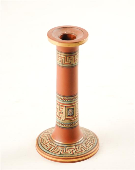 Appraisal: Redware Candlestick Greek key motif with panels of classical busts