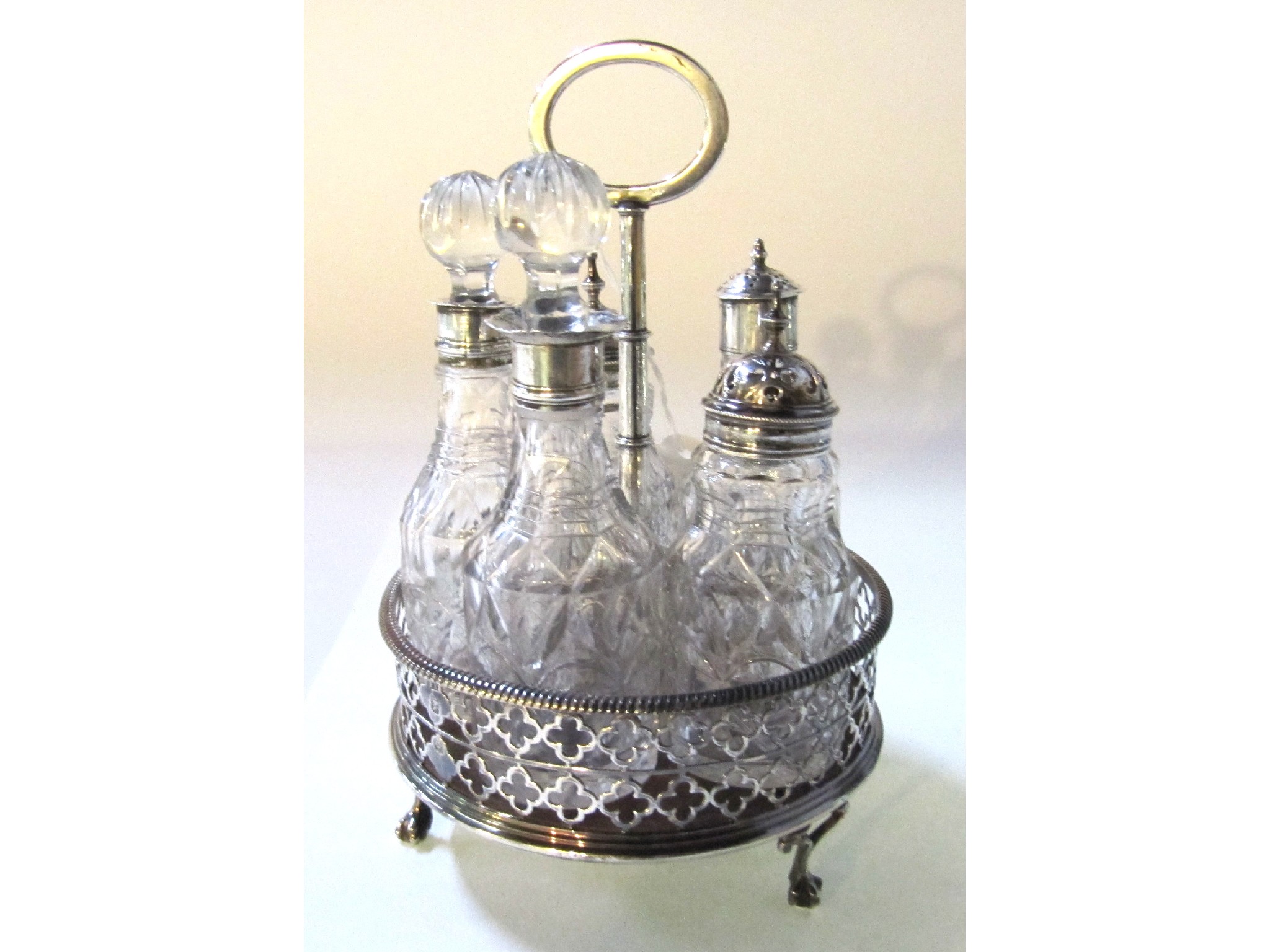 Appraisal: A silver -bottle cruet stand London