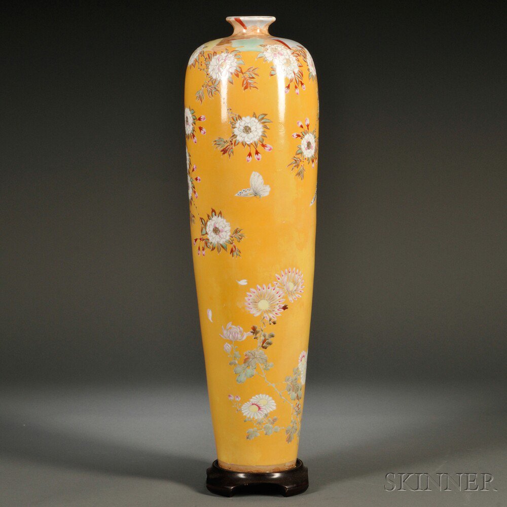 Appraisal: Yellow Glazed Vase with Famille Rose Decoration Japan th century