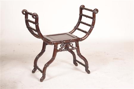 Appraisal: An Eastern hardwood stool the simulated bamboo scroll arms over