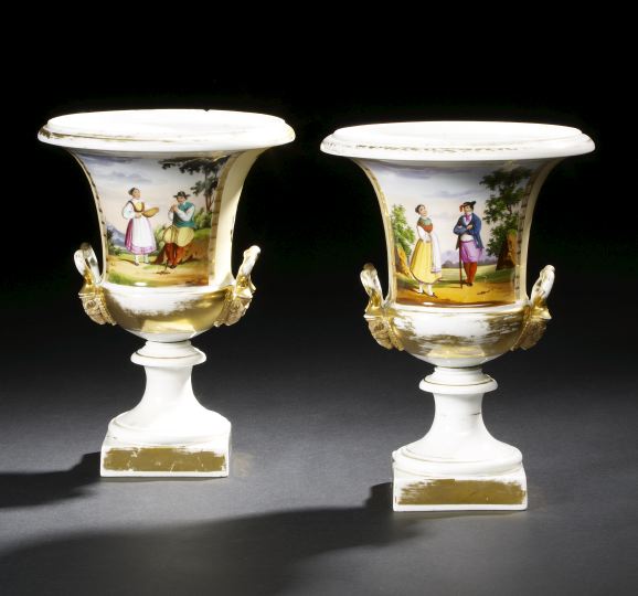 Appraisal: Pair of Paris Porcelain Double-Masque-Handled Cream-Ground Porcelain Garniture Vases second