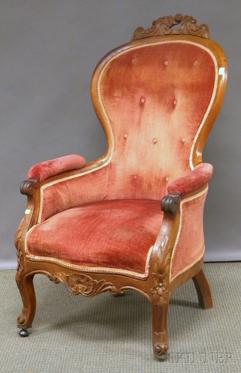 Appraisal: Victorian Rococo Revival Upholstered Carved Walnut Parlor Armchair