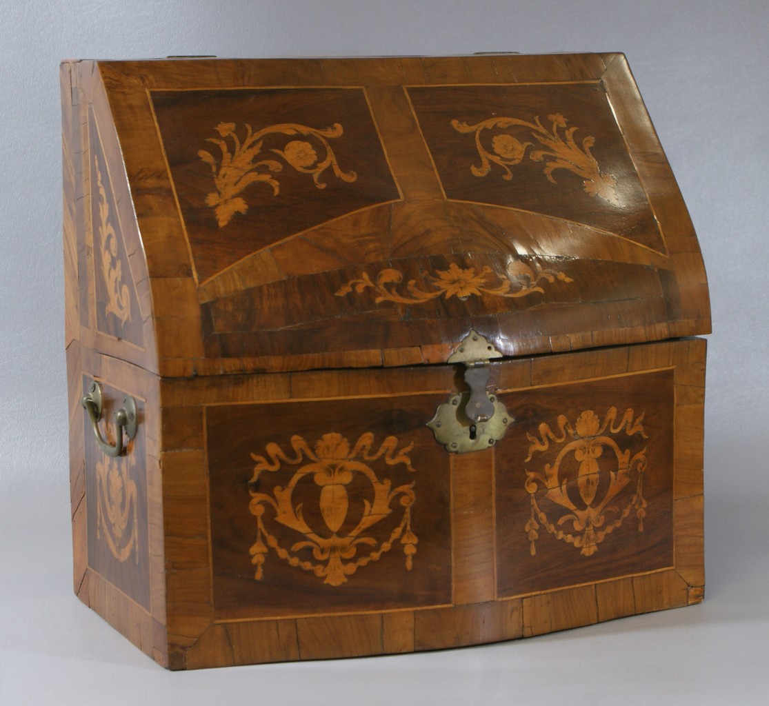 Appraisal: Marquetry inlaid Dutch cutlery box lift lid concealing a fitted