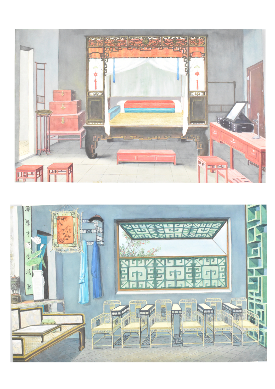 Appraisal: Two Chinese Canton style paintings of rooms dating from the