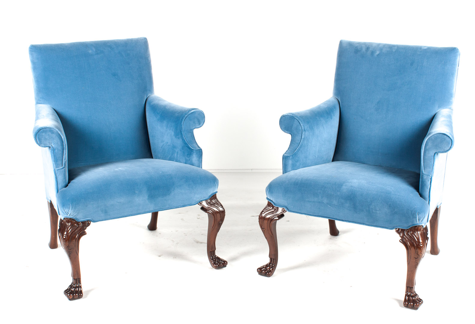 Appraisal: Pair of Baker George II style armchairs blue velvet upholstery