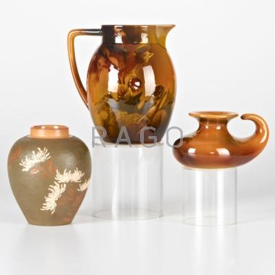 Appraisal: CONSTANCE BAKER HELEN STUNTZ ROOKWOOD Three pieces Pitcher with oak