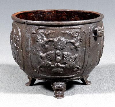 Appraisal: Chinese iron tripod basin ring handles cartouches of mythical beasts