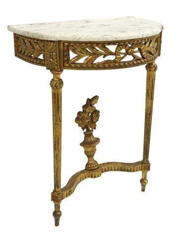 Appraisal: Petite Louis XVI style giltwood console table thc demilune form