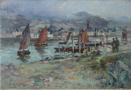 Appraisal: JOE MILNE SCOTTISH - FISHING BOATS DEPARTING Signed oil on