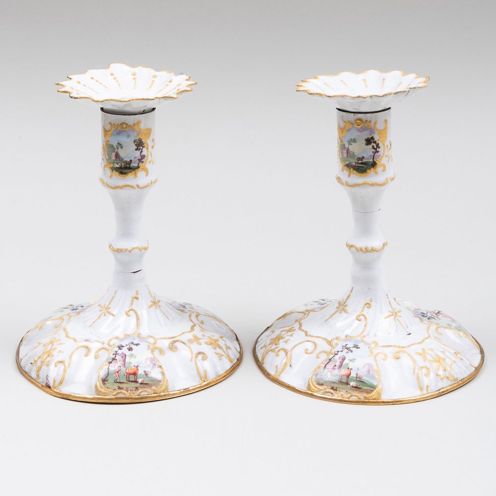 Appraisal: Pair of English Battersea Enamel Candlesticks x in diam Condition