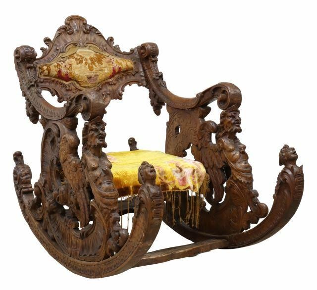 Appraisal: Italian Renaissance Revival carved walnut fantasy rocking chair likely Venetian