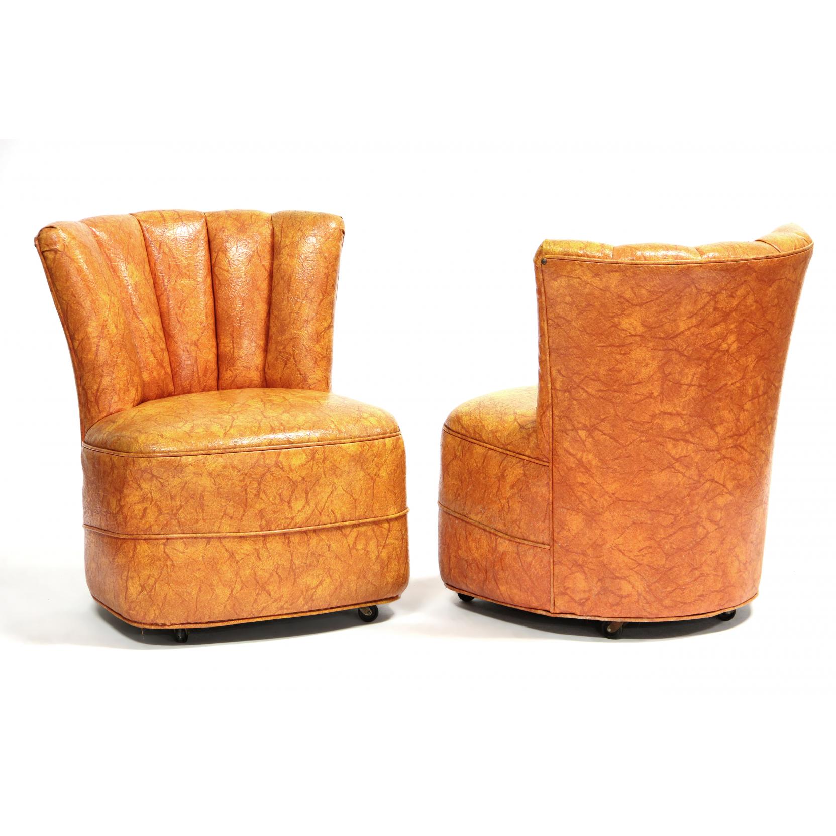 Appraisal: Pair of Mid Century Slipper Chairs s original orange naugahyde