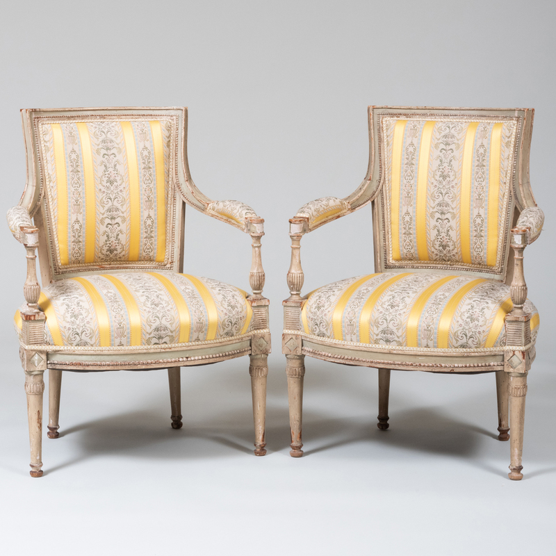 Appraisal: PAIR OF DIRECTOIRE PAINTED FAUTEUILS EN CABRIOLET x x in