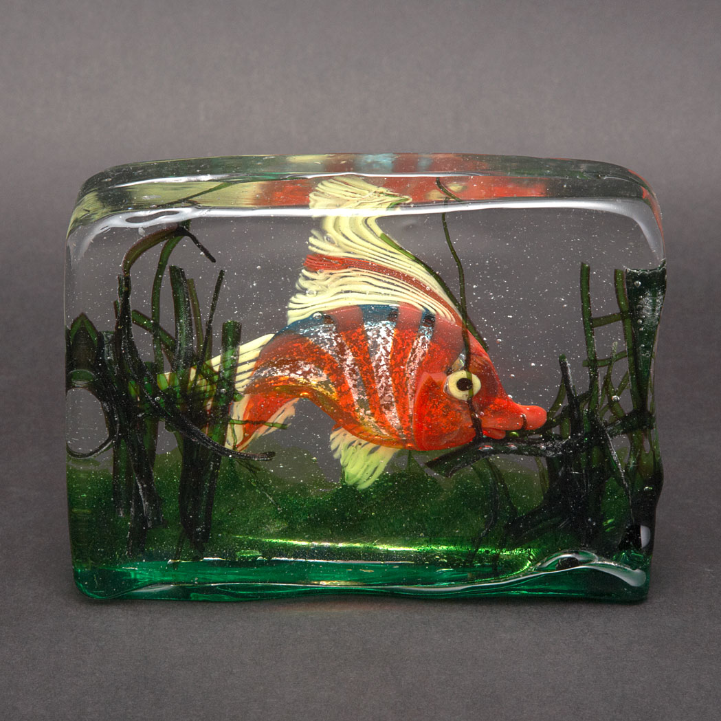 Appraisal: Murano Glass Aquarium Block Sculpture Attributed to Cenedese s Depicting