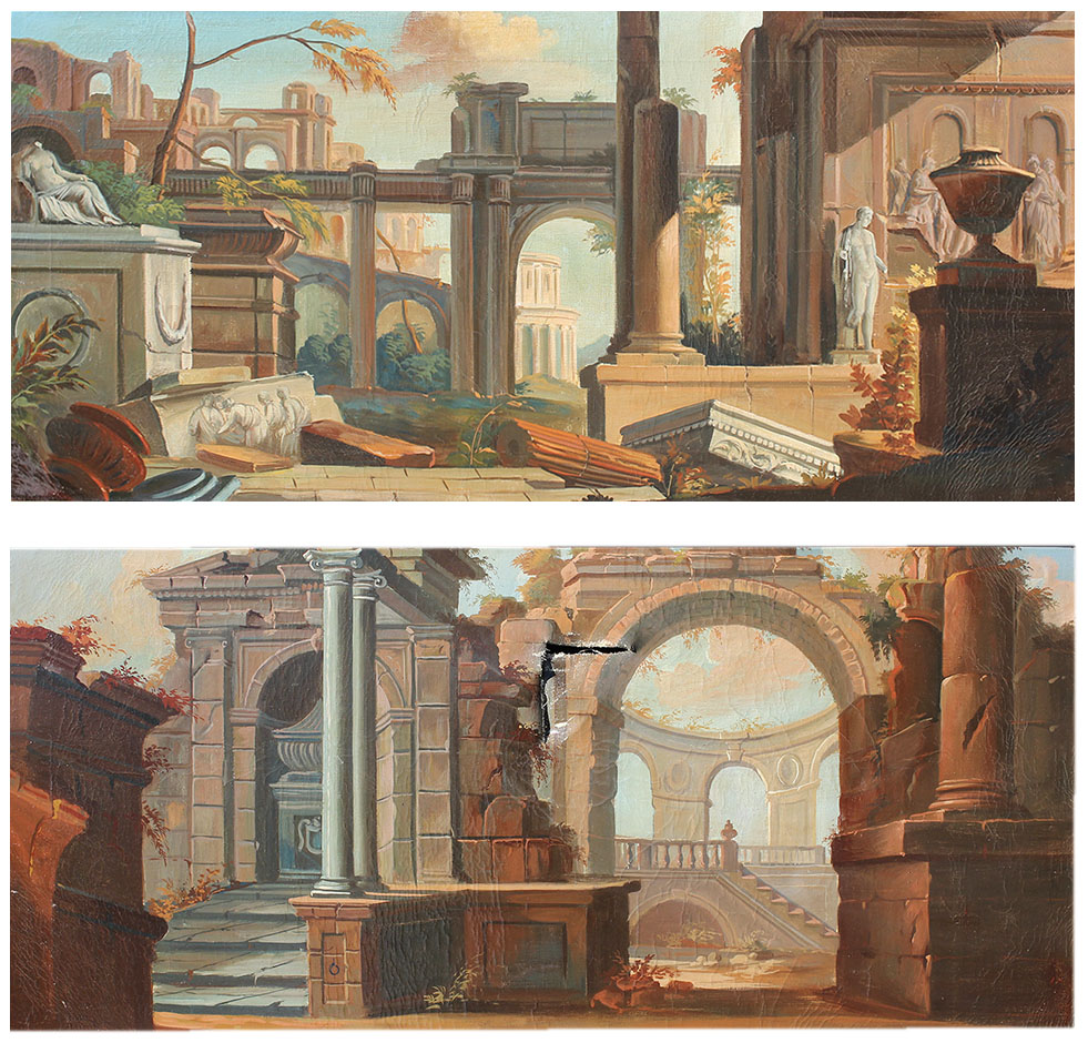 Appraisal: PAIR OF NEOCLASSICAL STYLE PAINTINGS OF ROMAN RUINS Oil Canvas