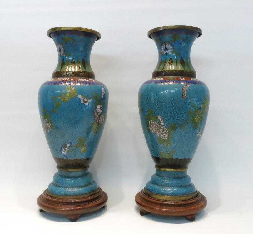 Appraisal: PAIR OF CHINESE CLOISONNE BALUSTER VASES with copper cloisons and