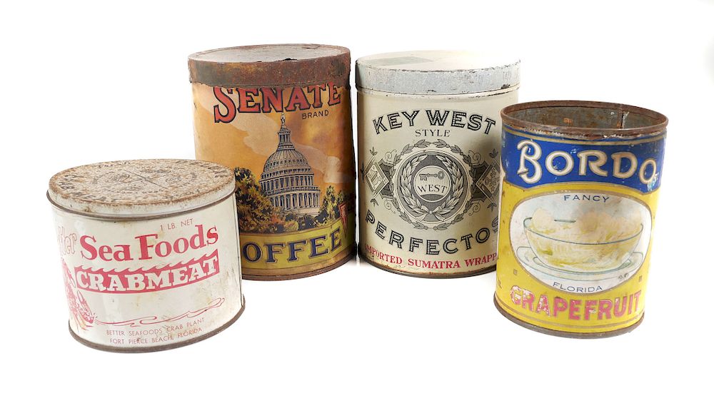 Appraisal: FLORIDA Labeled Antique TIN CANS Tallest- Senate Coffee Tampa has