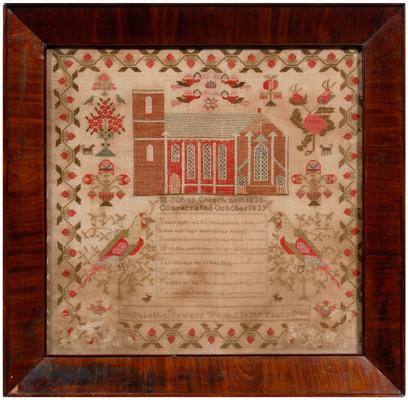 Appraisal: American pictorial and verse sampler central red brick church over