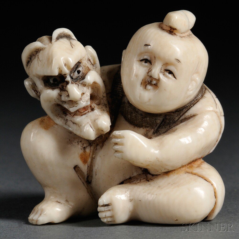 Appraisal: Ivory Netsuke Man with Mask Japan th th century sitting