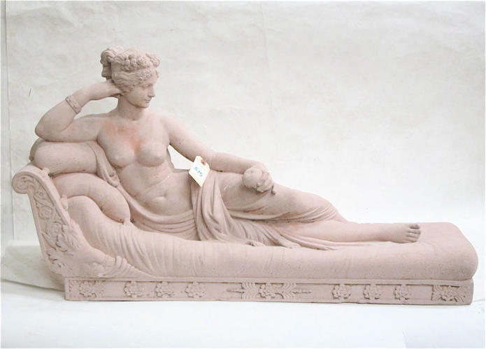 Appraisal: NEOCLASSICAL STYLE FIGURAL SCULPTURE reclining woman on chaise molded pink