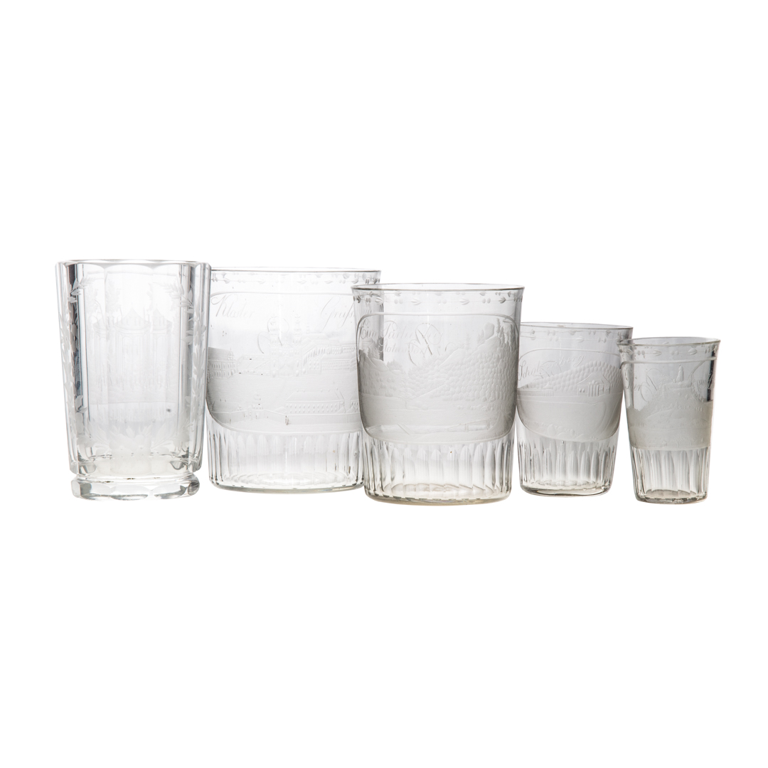 Appraisal: Five Bohemian etched clear glass tumblers late th and th