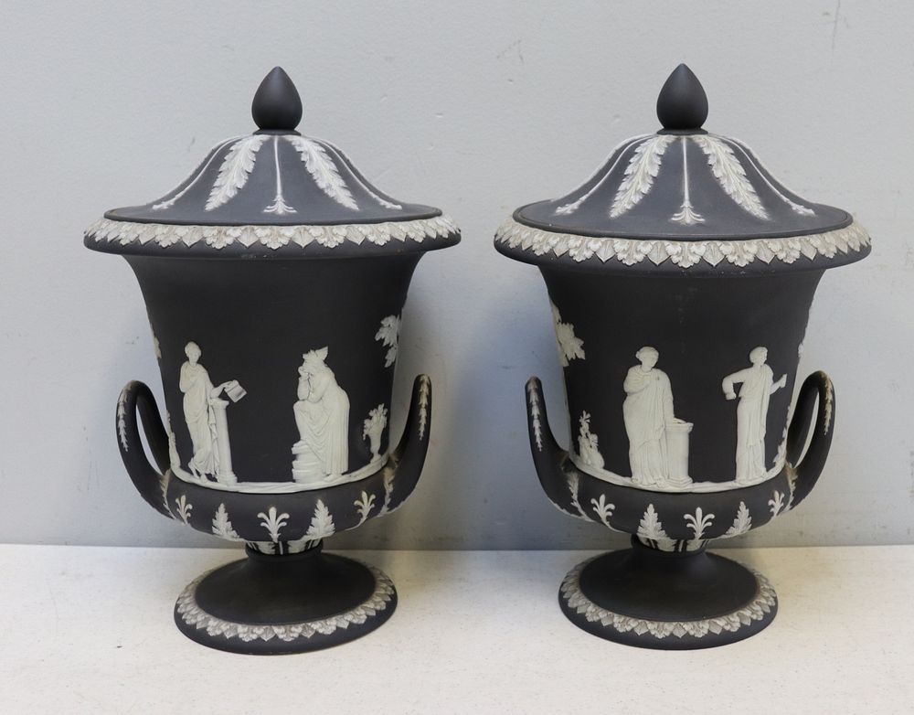 Appraisal: A Pair of Large Black Wedgwood Covered Urns A pair