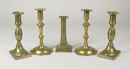 Appraisal: Five th Century British Candlesticks Sand cast Two pair and