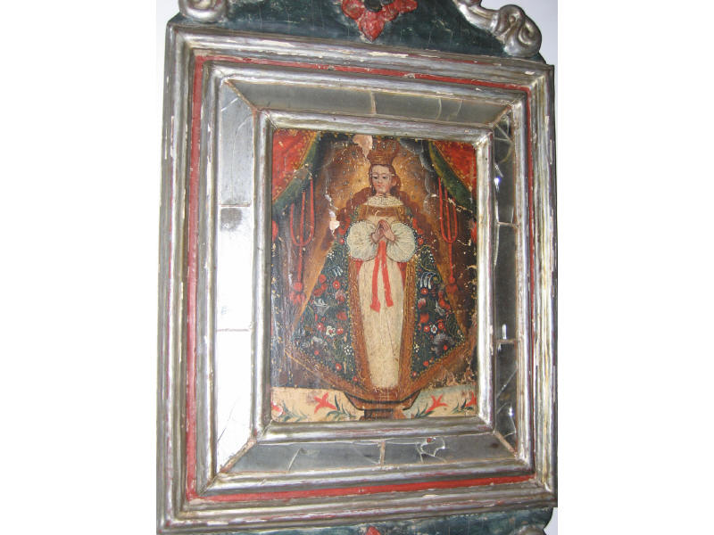 Appraisal: SPANISH COLONIAL Crowned Madonna with floral cape and red sash