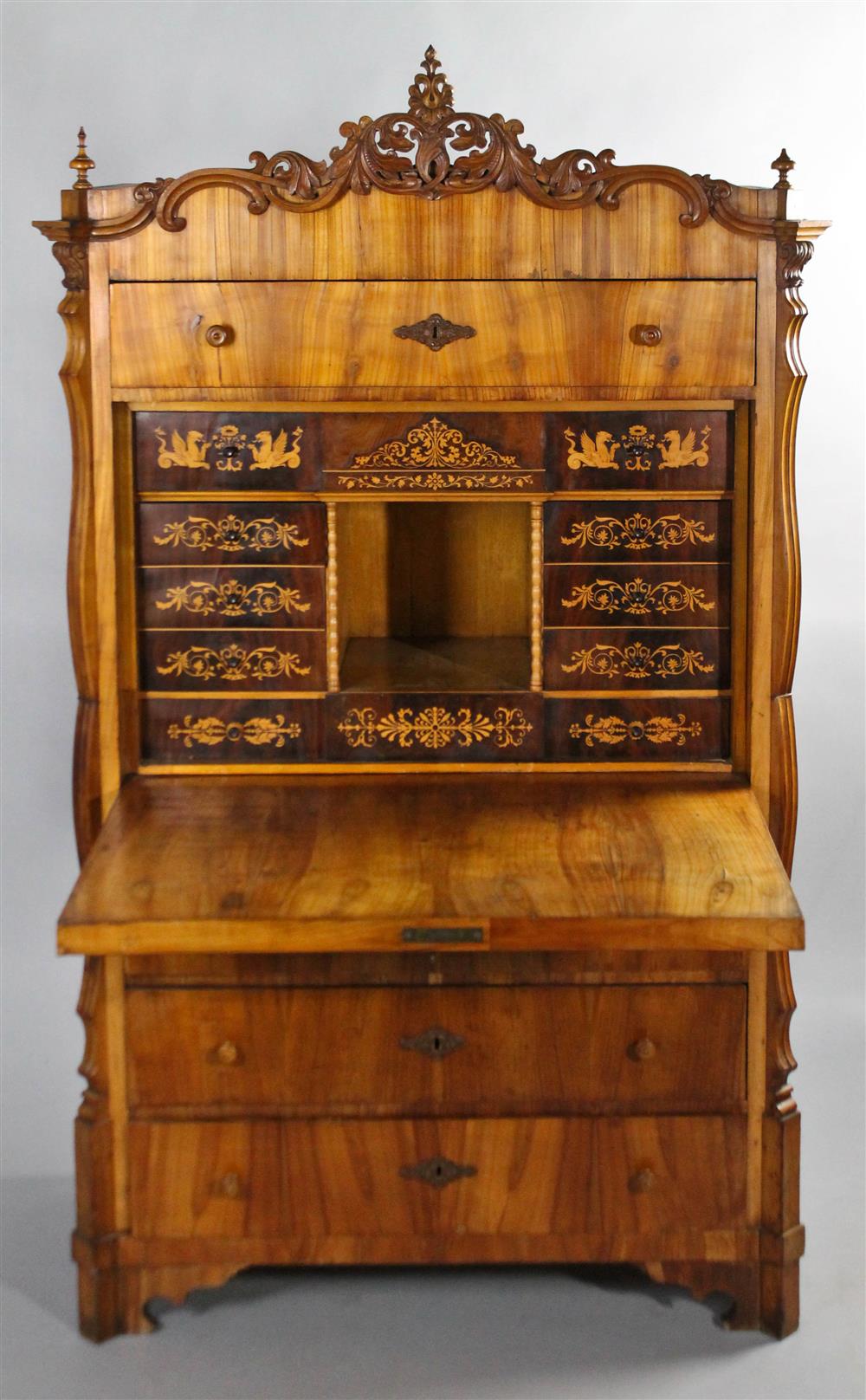 Appraisal: CONTINENTAL CARVED AND MARQUETRY INLAID CHERRYWOOD SECRETAIRE A ABBATANT late