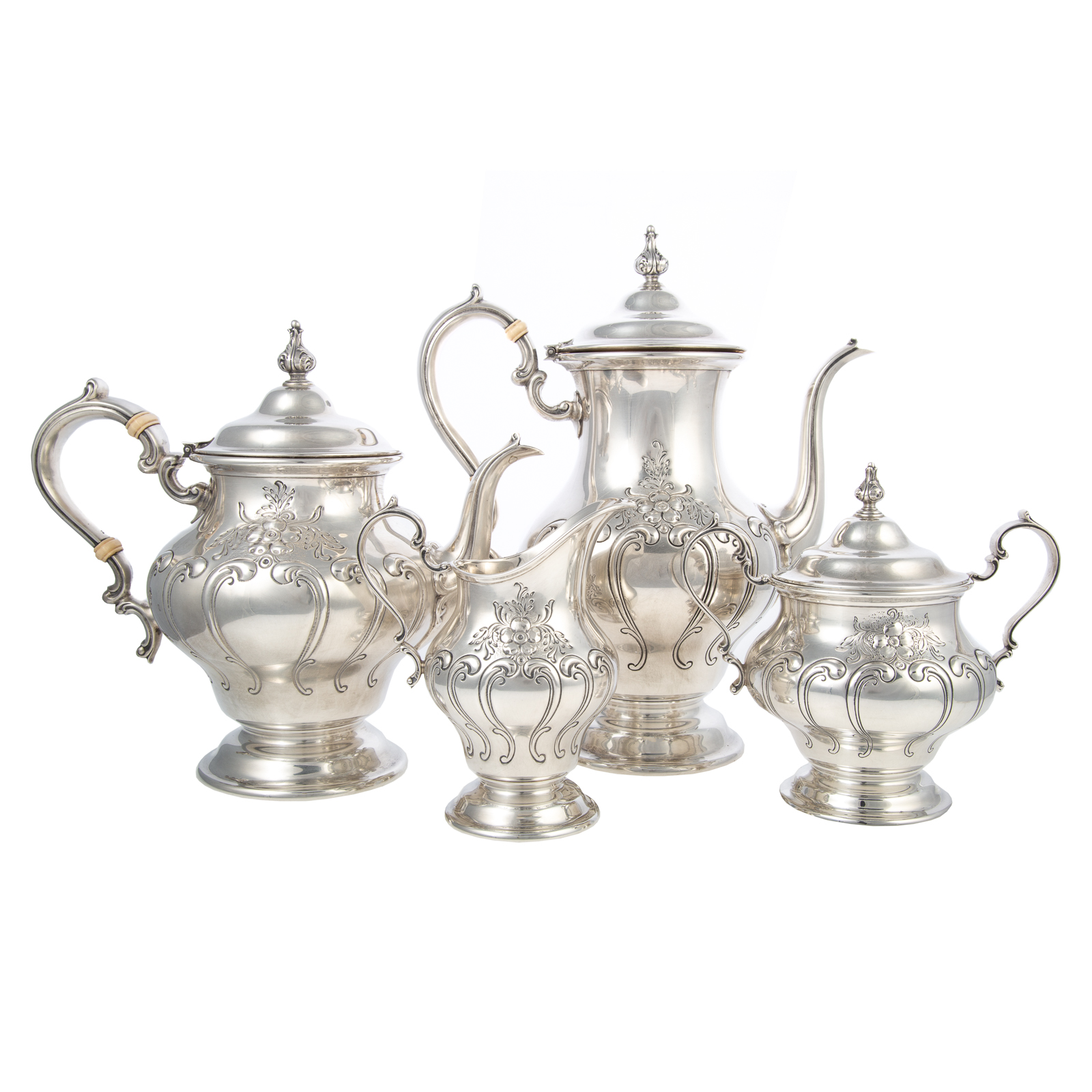 Appraisal: GORHAM STERLING HAND-CHASED TEA COFFEE SERVICE and date marks four