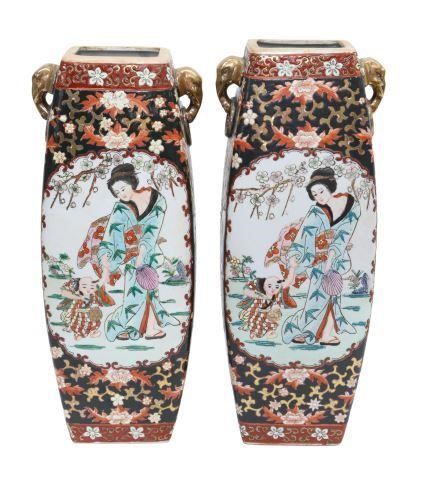 Appraisal: pair Chinese famille noir enameled porcelain vases having square bow-bodied