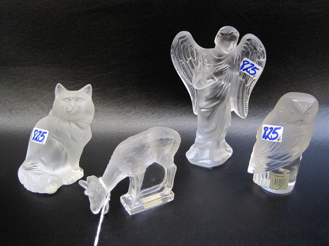 Appraisal: FOUR LALIQUE CRYSTAL FIGURES Angel H Cat H Owl H