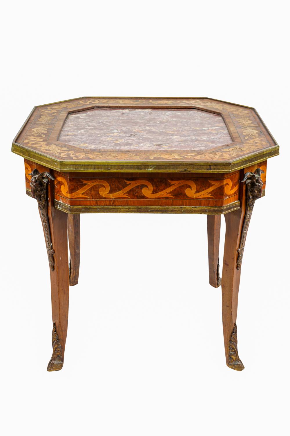 Appraisal: FRENCH MARQUETRY MARBLE-TOP SIDE TABLElate th early th Century the