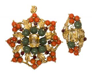 Appraisal: Citrine coral jade garnet and k yellow gold jewelry suite