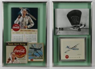 Appraisal: Vintage style Coke posters in shadowboxes h Two reproduction Coca