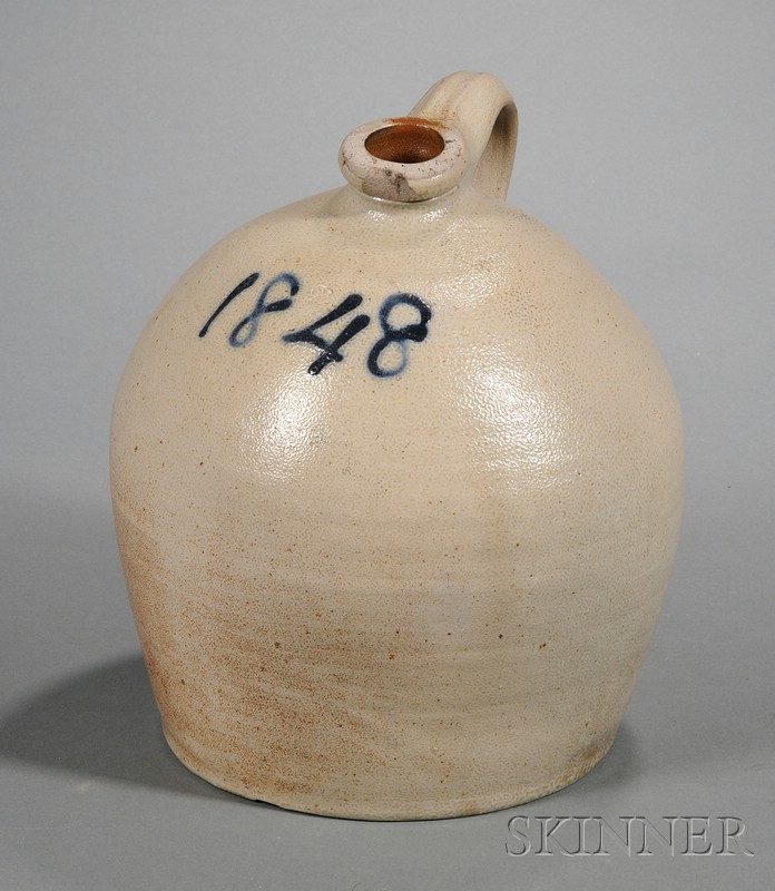 Appraisal: Two-Gallon Cobalt-inscribed Stoneware Jug America late th century lip chip