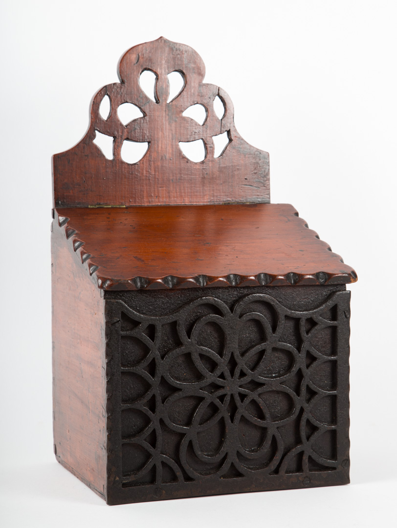 Appraisal: George III carved elmwood hanging salt box with reticulated back