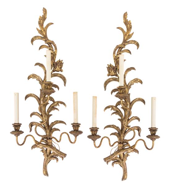 Appraisal: Sale Lot A Pair of Regency Style Giltwood Three-Light Sconces