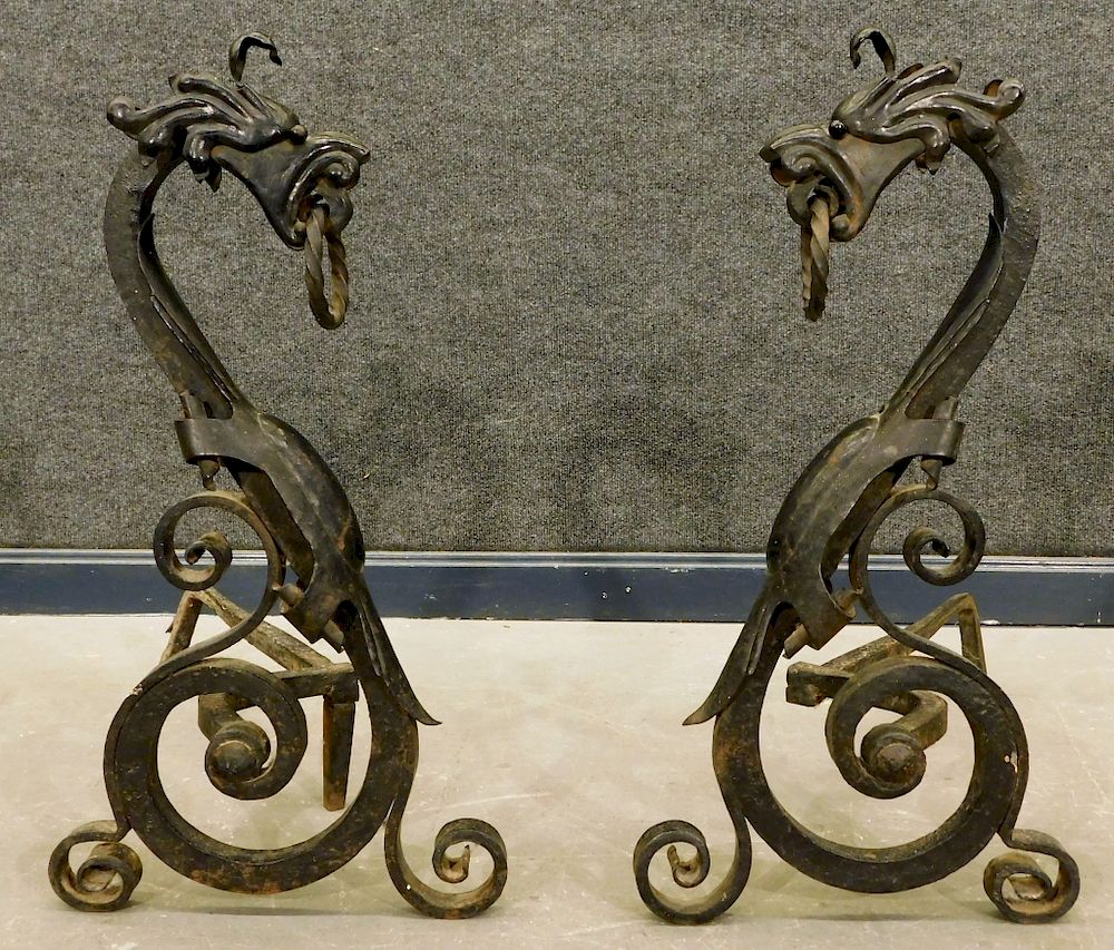 Appraisal: PR Figural Opposing Dragon Wrought Iron Andirons Europe th Century