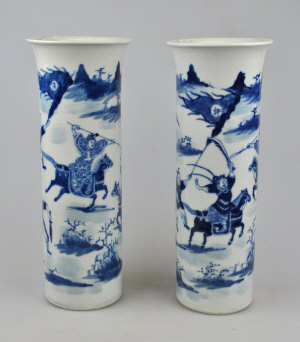 Appraisal: Pair of Chinese blue white cylindrical vases decorated with warriors